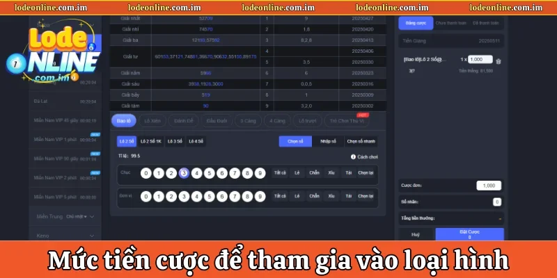 Mức tiền cược để tham gia vào loại hình